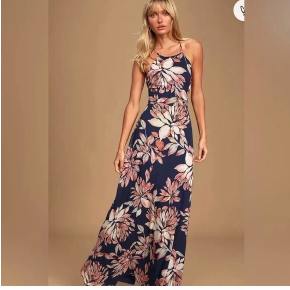 Lulus Adventure Seeker Navy Blue Floral Print Maxi Dress, Large